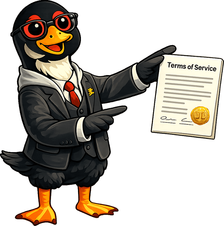 Vigdis duck mascot in a suit presenting a Terms of Service document